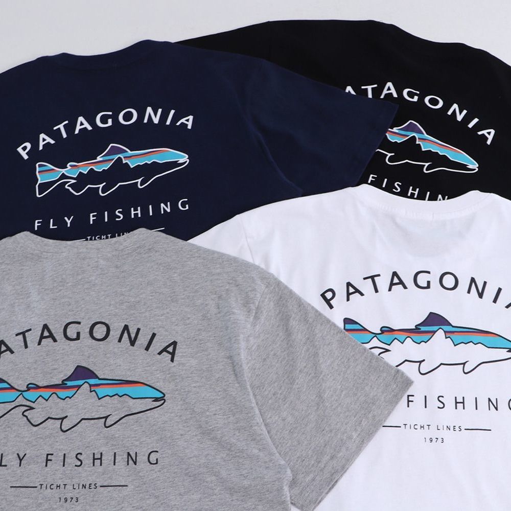 

PATAGONIA Casual Men's T-Shirts women couple short-sleeved tee FLY FISHING, Black