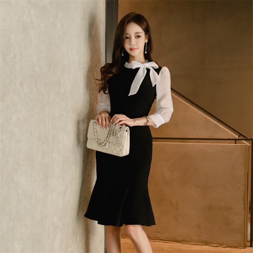 

Black Dress for women Summer korea Fashion Long Sleeve crew neck white lace sundress Sexy patchwork Party Dresses 210602