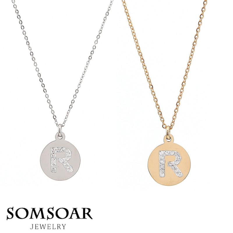 Pendant Necklaces Somsoar Letter R Initial Word With CZ Crystal Necklace Set Plus 45cm Stainless Steel Chain For Women Gift-image-704237952