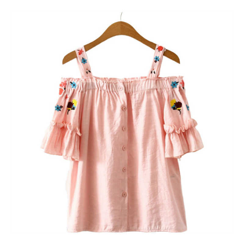 

Merry Pretty Women Floral Embroidery Blouses Slash Neck Petal Sleeve Single Button Shirts Summer Sweet Style Camis 210526, Blue