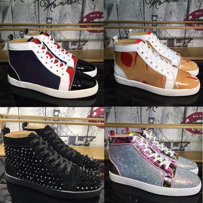 

Fashion Men Women Red Bottom Casual Shoes Studded Spikes Platform Outdoor Sneakers Black White Silver Leather High Top Shoe Size 35-48 Box, 39