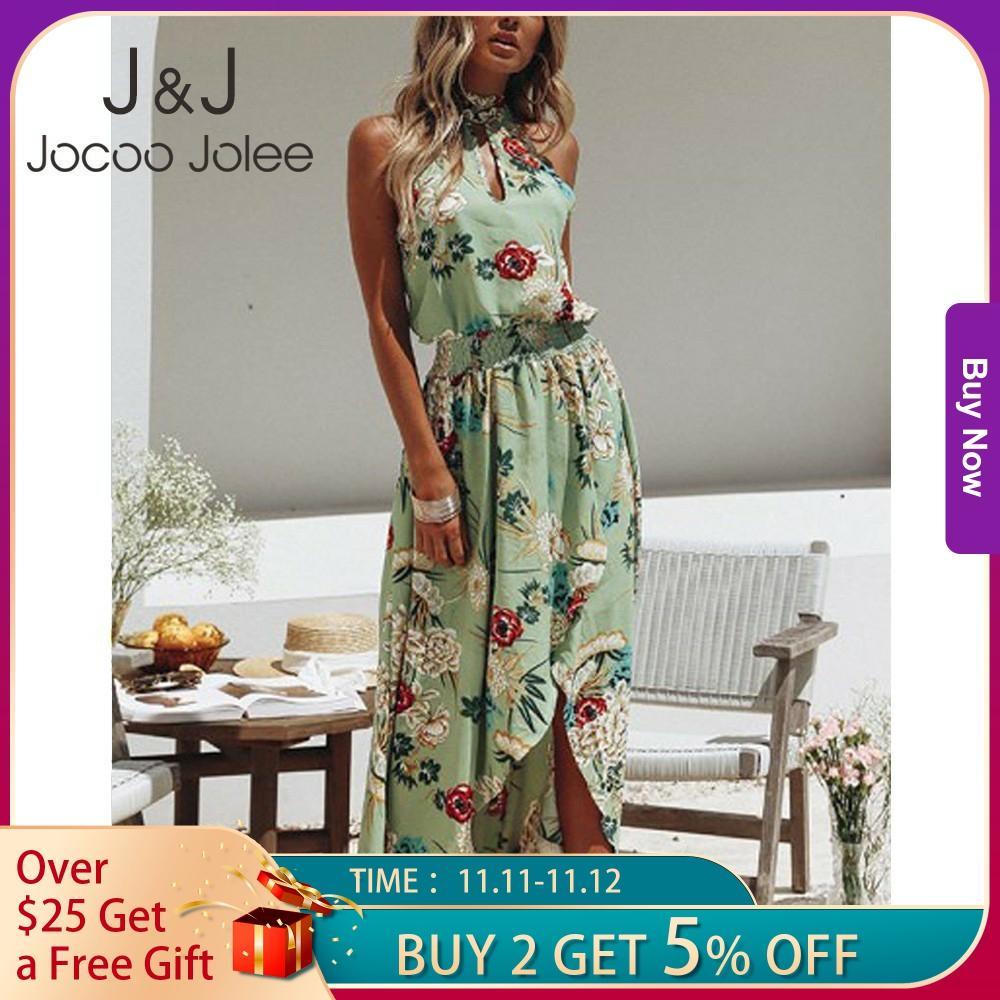 

Women Boho Floral Print Long Party Dress Sexy Women Summer Halter Sundress Casual Off Shoulder Maxi Irregular Beach Dress 210518, White