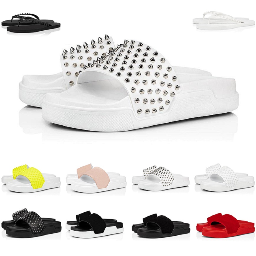 

high quality light luxury red bottoms men slippers fashion slides triple black white spikes mens flat flip flops beach hotel platform sandals 38-46, Color#2