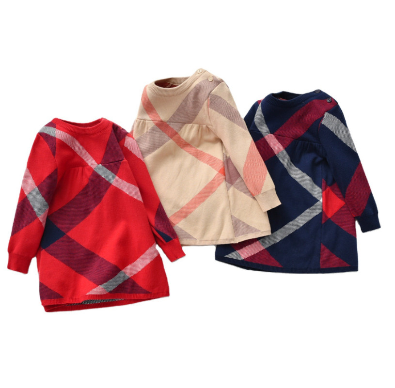 

INS Girls Plaid Sweater dress designer kids lattice long sleeve princess dresses children Xmas knitted sweaters clothing A7842, Red