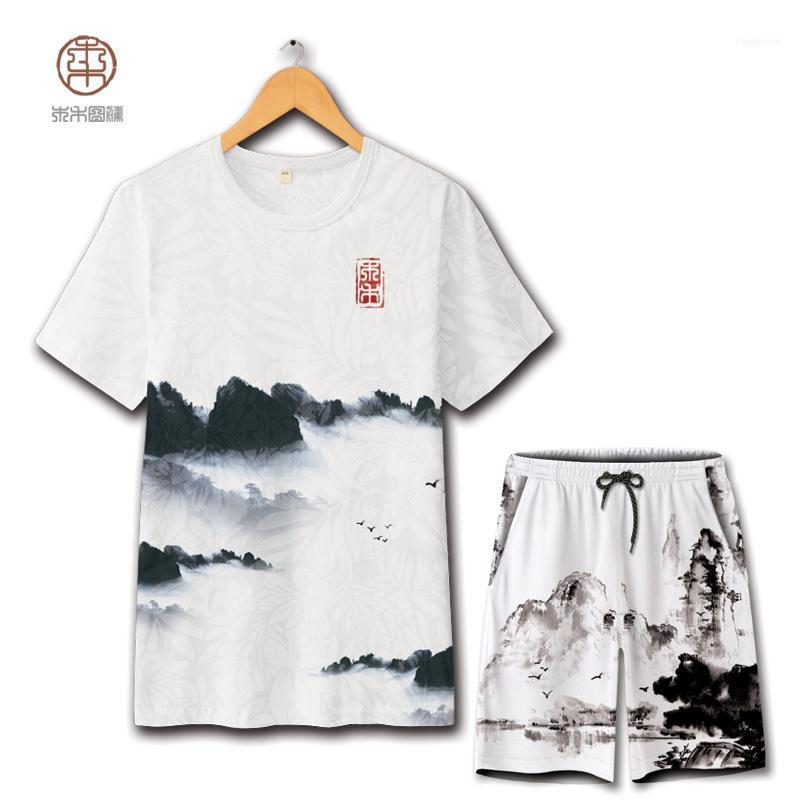 

Men's Tracksuits Chinese Style Ink Landscape Painting Oversized T Shirt And Shorts Suit Summer 2021 Soft Comfortable Quality Mens Short Sets, Gray