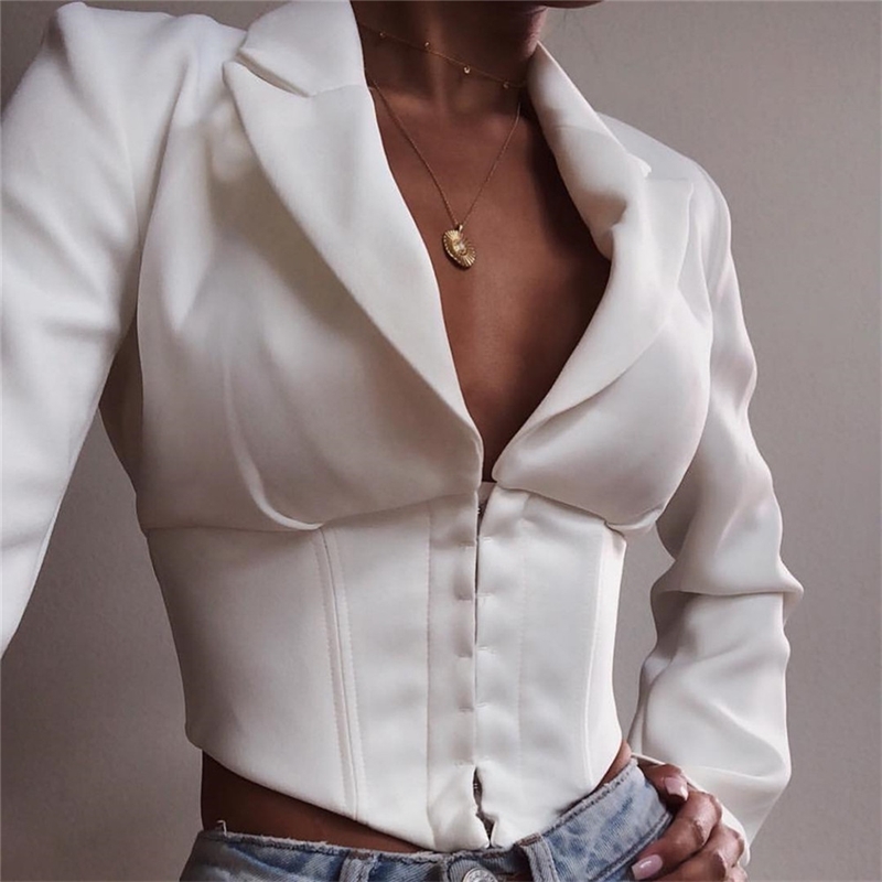 

spring and Autumn Women's long sleeve Lapel single breasted slim fit short diamond hem T-shirt woman tshirts 210602, White