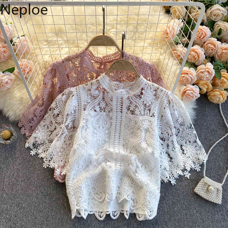 Neploe Spring Woman Clothes Blusas Mujer De Moda Chic Hollow Out Blouses Women Sweet Lace Crochet Floral Short Shirt Tops 210422