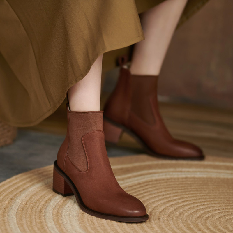 

boots women's fashions ankle toe round foot boots elastic women's shoes genuine leather slide in ladies the whole game motorcycle, Black