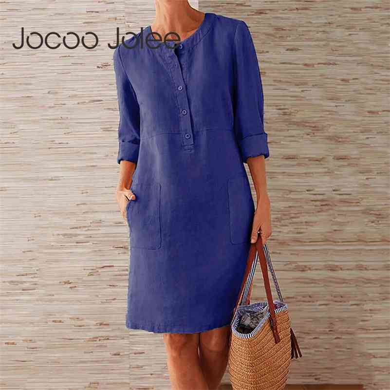 

Women Casual Soild Cotton and Linen Tunic Vintage Straight Long Sleeve Plus Size Mini Dress 210416, Blue