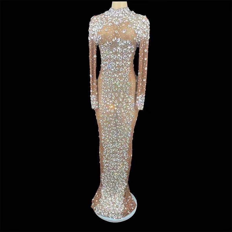 

Casual Dresses Sparkly Silver Big Crystals Transparent Tan Color Dress Evening Birthday Celebrate Luxurious Costume Dancer Flashing, Brown