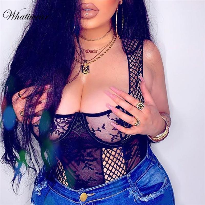 

Women's Jumpsuits & Rompers Whatiwear Sexy Lace Strappy V-Neck Bodysuit Women Embroidery Skinny Mesh Female Body Suit For Plus Size, Black