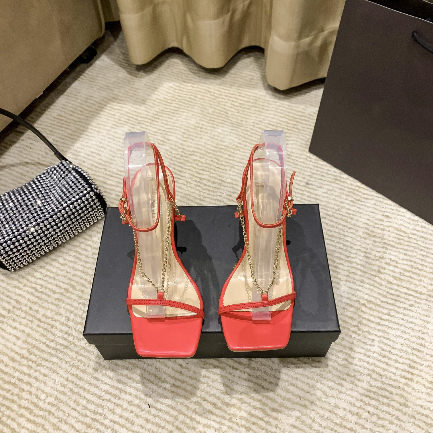 

2021 Spring and summer sandals new chain hardware chains import sheepskin sandal high heeled shoes outsole ultra stick with 7.5 cm 34 - size 40, Customize