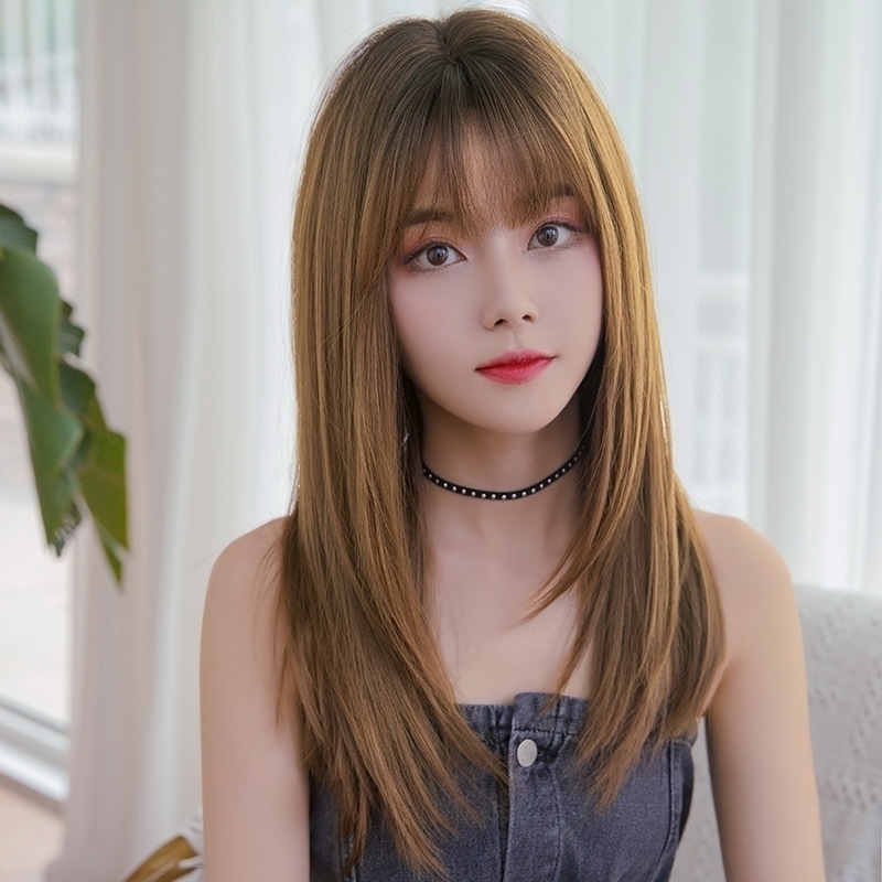 

natural full head Women's long straight air bangs fluffy net red hair set
