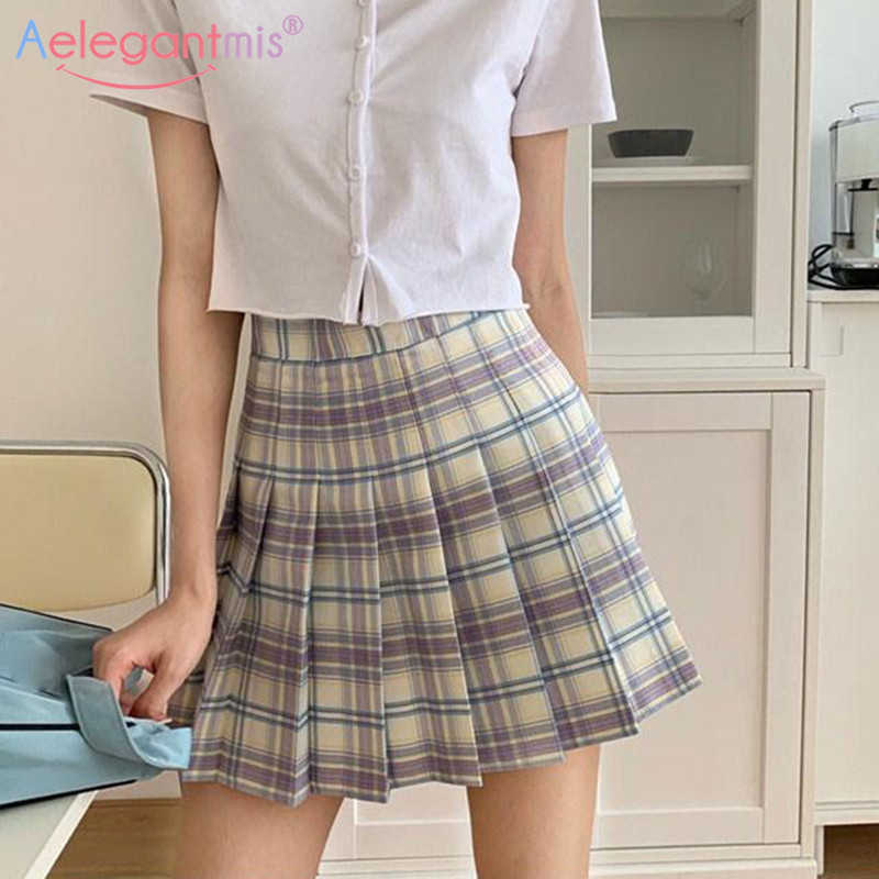 

Aelegantmis Summer Plaid Pleated Skirt Women Sexy A Line s with Shorts Underneath Korean High Waist Mini XS-2XL 210607, Blue plaid