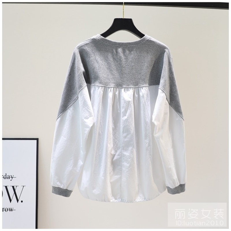 

Knitted cotton stitched white shirt fake two piece sweater female Korean round neck Pullover grey front short back long loose top, Black