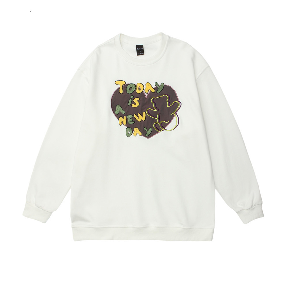 

Sweatshirts Bear love embroidered sweater men BF lazy wind loose round neck long sleeve trendy brand hoodless Pullover Hoodie, White
