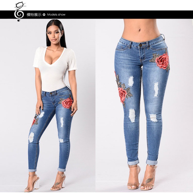 

jeans embroidered 2021 women's slim elastic leggings pants, Blue