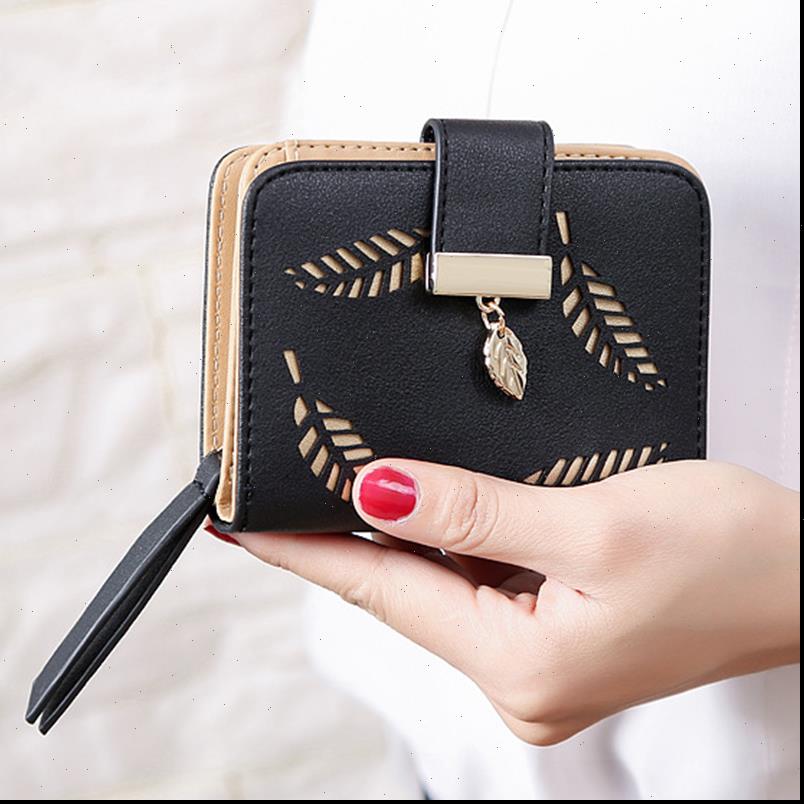 

design womens purse zipper leather ladies wallet women brand small female hollow leaves for credit cards, Red;black