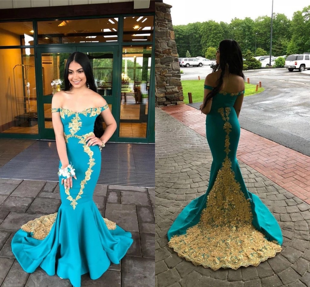 

Modest Gold Lace Embroidery Aqua Blue Mermaid Prom Evening Dresses Off the shoulder with Sleeves Satin Applique Long Cocktail Pageant Dresess, Water melon