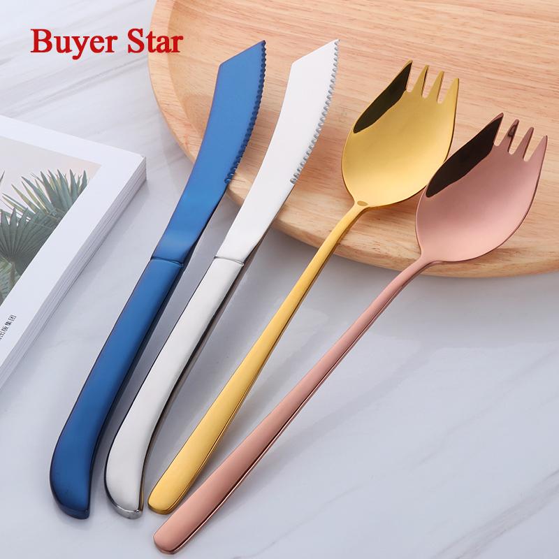 

2pcs Western Tableware Set Long Handle Stainless Steel Spoon Fork Spork Steak Knife Metal Soup Table Service Dinnerware Sets
