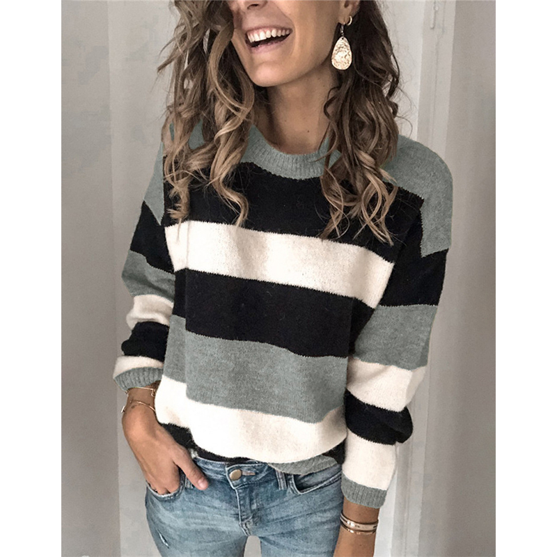 

Women's Sweater Striped Stylish Long Sleeve Sweater Cardigans Crew Neck Fall Winter Blue Yellow Wine, White;black
