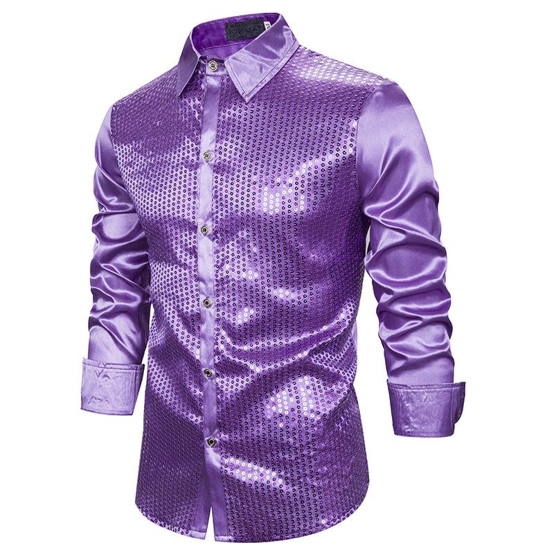 

Men' Casual Shirts Purple Sequins Shirt Men 2021 Brand Mens Button Down Dress Nightclub Wedding Tuxedo Slim Fit Chemise Homme XXL