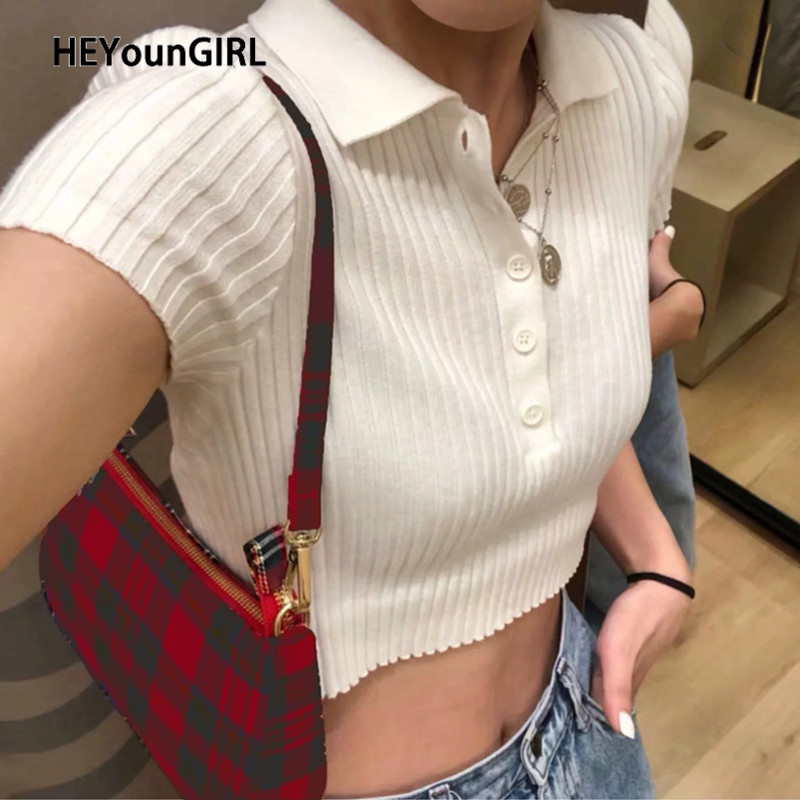 

HEYounGIRL Ribbed Casual Tshirts Cotton Women Summer Short Sleeve Crop T Shirt Ladies Turn-down Collar Solid White Tee Shirt, Argyle crop top