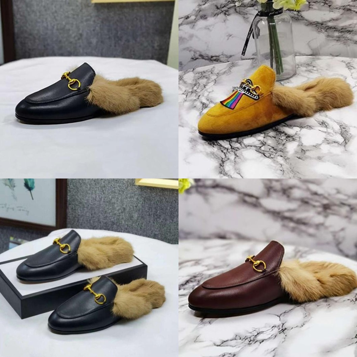 

Designer Fashion Women Genuine Leathers Slippers Flat Men Mules Shoes Leather Fur Slipper Metal Chain Shoees Loafers Outdoor Slipperes 46 With Box