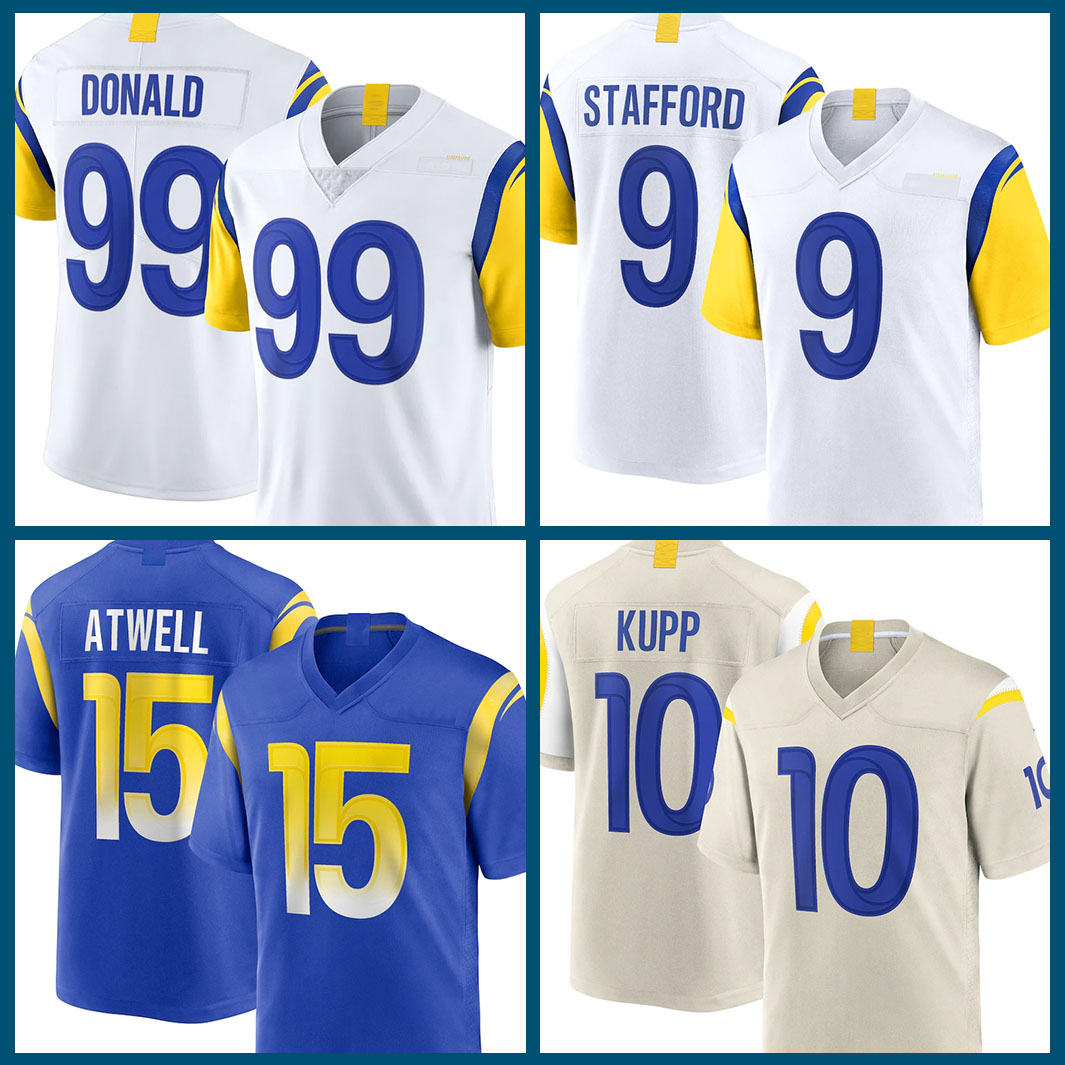 

Los Angeles Rams NFL 99 Aaron Donald American football Jersey 9 Matthew Stafford 5 Jalen Ramsey 15 Tutu Atwell 2 Robert Woods 10 Cooper Kupp 13 Kurt Warner 23 Cam Akers, Mens-gongyang