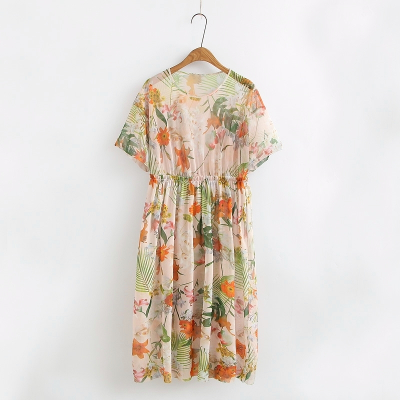 

Summer Floral Dress Short Sleeve See Through High Waist Mid Calf Printed Beach Vacation Female XZ2322 210603, Yellow