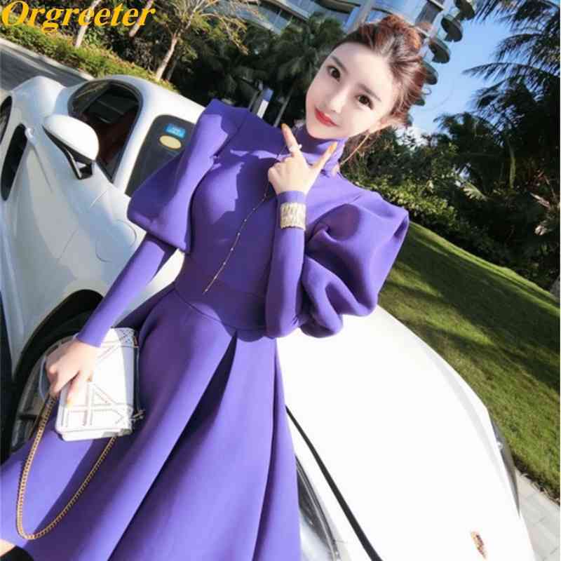 

Spring Fall Modern fashion Ruched Puff Sleeve Ball Gown Dress Turtleneck Solid Above-knee Dresses Vestidos 210525, Purple