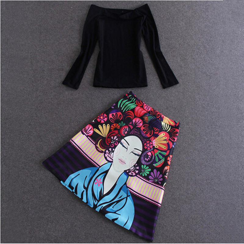 

Fashion Runway Summer Skirt Suit Women' Short Sleeve Slash Neck Tees + Cartoon Print High Waist Set 210525, Picture color