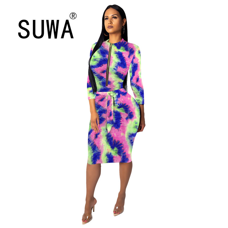 

Women Dress Long Elegant Party Prom Tie Dye O Neck Full Sleeve Bodycon Knee Length Robe Fashion Autumn Designer Clothes 210525, Multi