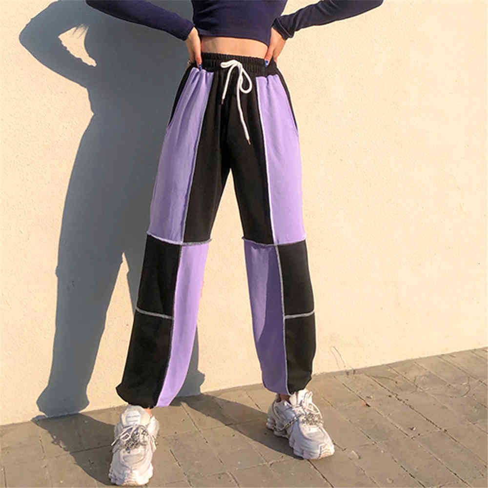

pant Patchwork High-waist Loose Sweatpants Women 2021 Elastic Waist Drawstring Harem Pants Lady Fashion Color Block Casual Trousers, 01