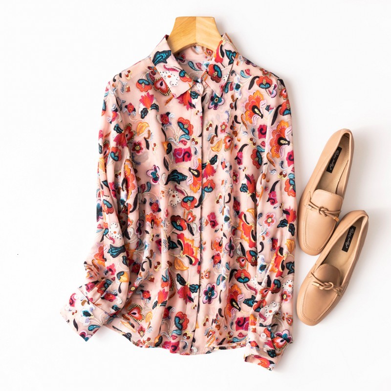 

coat Women's 100% Mulberry Silk Collared long sleeve Shirt Top Blouse office work floraL print MM065, As picture