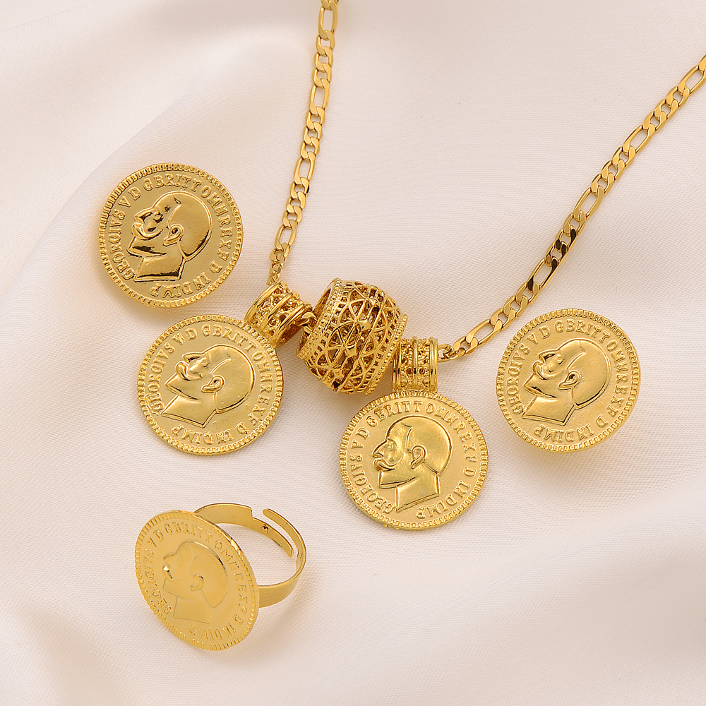Coin cephalic Pendant Earring Ring 14k Fine Solid Gold Filled Figaro Link Chain Jewelry Sets Retro Yearning Treasure 1913-image-735217637