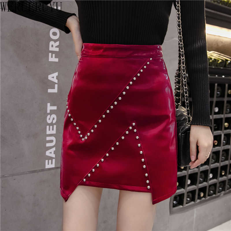

WERUERUYU Fashion Rivets PU Leather Skirts Women Mini Pencil Skirts Office Lady Solid Color High Waist Slim Bottoms Skirts 210608, Photo color