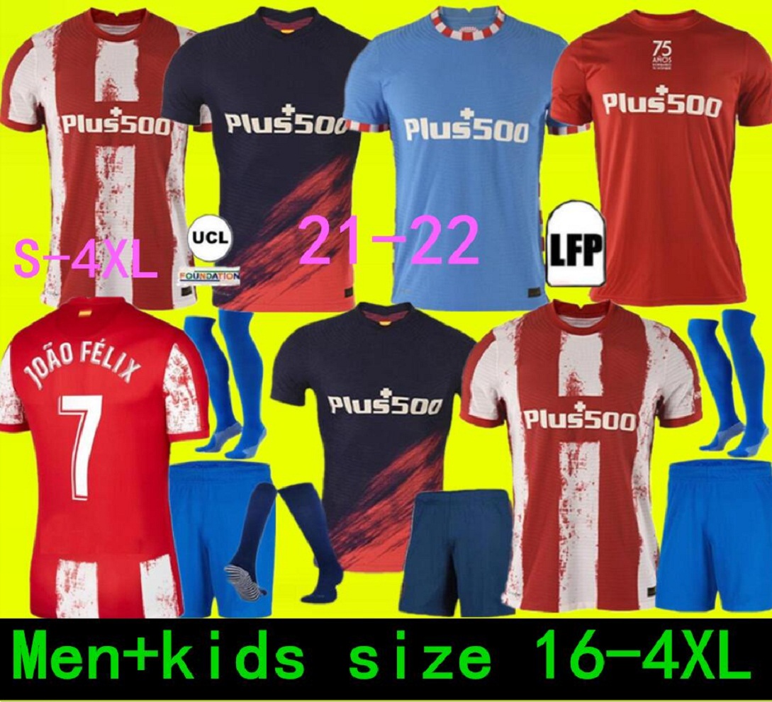 

JOAO FELIX Atletico SUAREZ Madrid Soccer Jerseys 2021 2022 SAUL Camisetas 21 22 LLORENTE CORREA Football Shirt Men Kids Kit set uniform, Blue