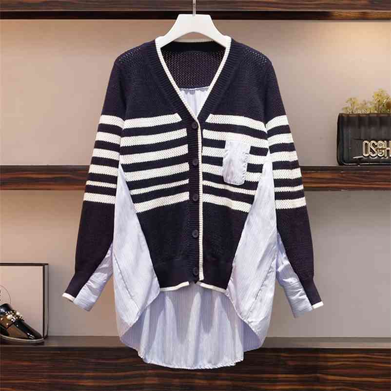 

Spring Autumn Women Asymmetric Tops Fashion V-neck Long Sleeve Knitted Patchwork Striped Casual Loose Shirts 210519, Navy blue