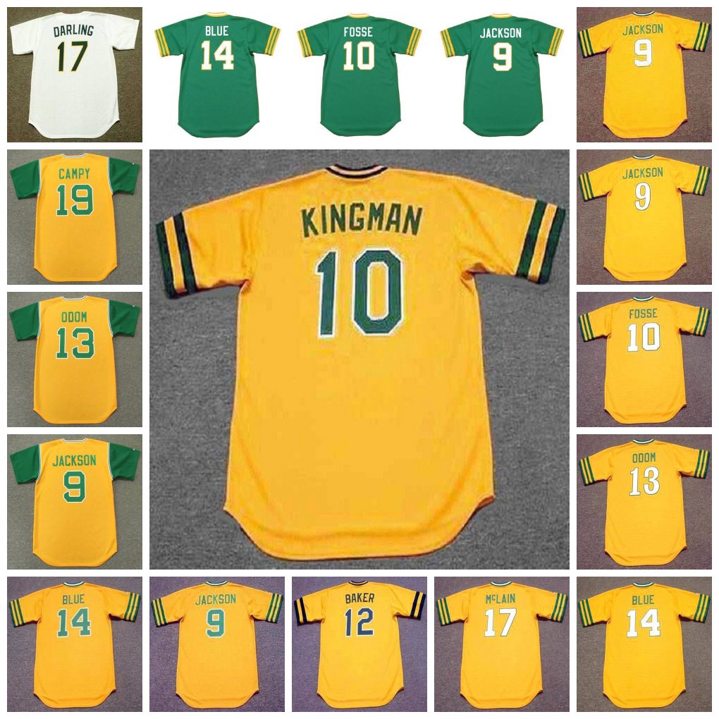 

Vintage Baseball Jersey 9 REGGIE JACKSON 1969 10 DAVE KINGMAN 1984 RAY FOSSE 1973 12 DUSTY BAKER 1985 13 JOHN BLUE MOON ODOM McLAIN DARLING CAMPANERIS, 9 reggie jackson 1974 yellow