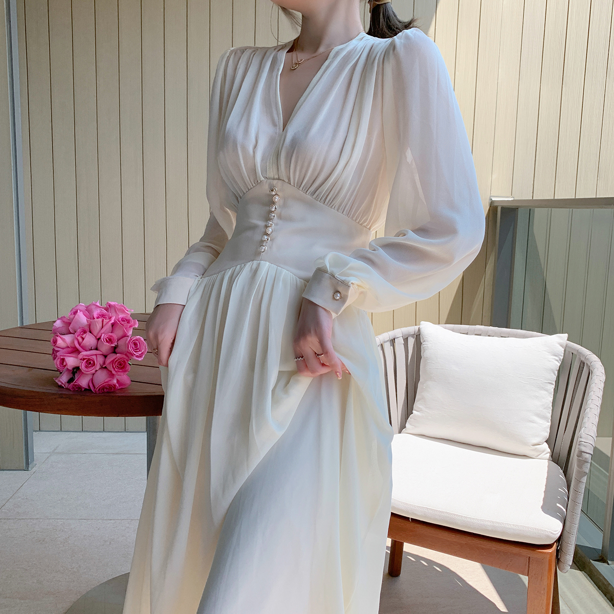 

2021elegant dress women solid long sleeve fairy party dress office lady v-neck loose midi dress 2021 spring clothing female, Black;gray