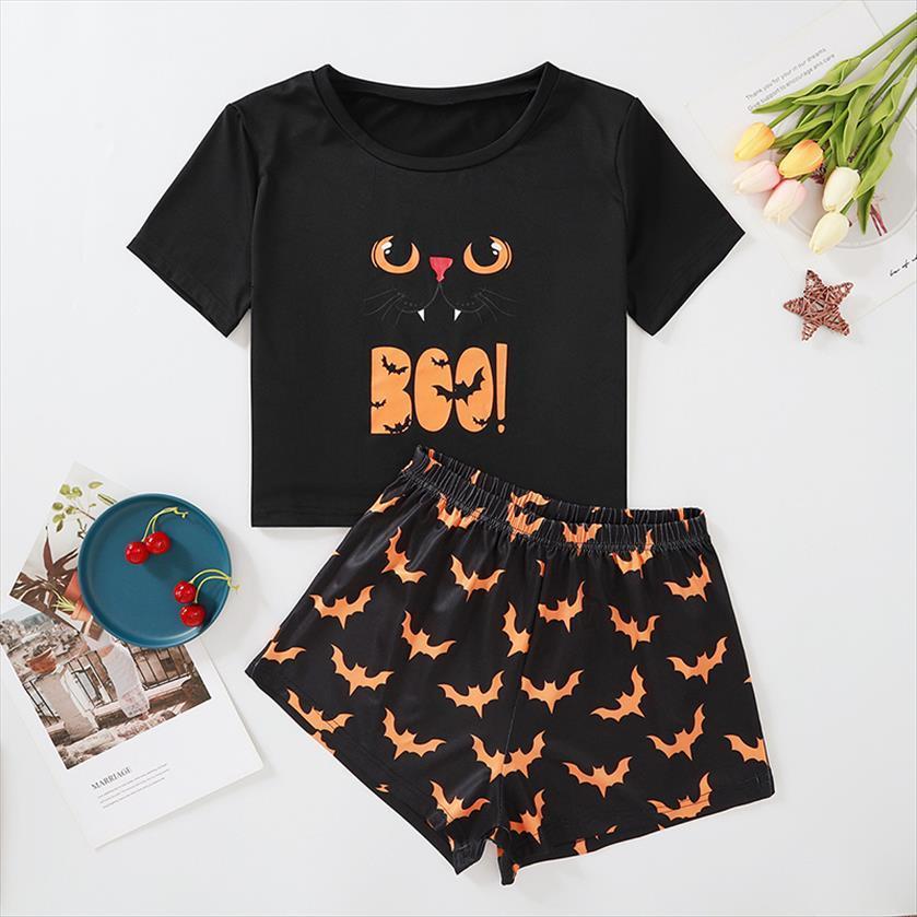 

Casual Hibou Printed Round Neck Womenpant Short Sleeve Two Pieces Sets Halloween Party Pajama, White
