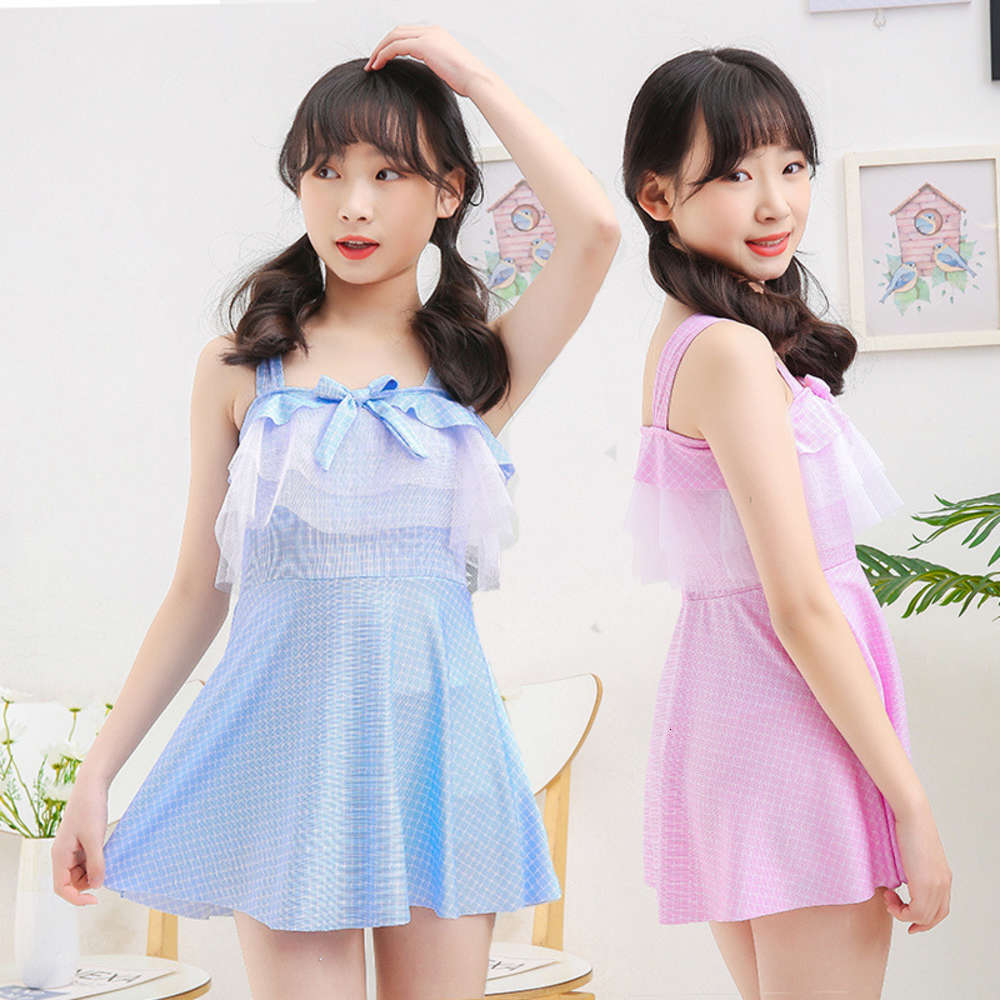 

Children's suit Korean middle and big children's Plaid sling one piece girls' swimsuit, Black