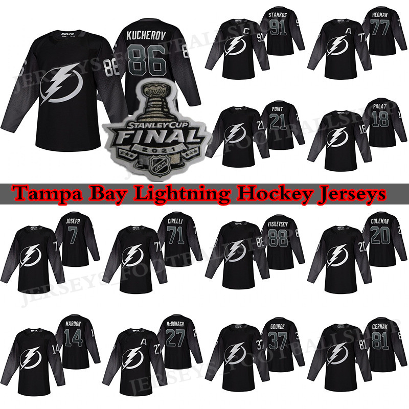 

Tampa Bay Lightning Jersey 86 Nikita Kucherov 77 Victor Hedman 91 Stamkos 21 Brayden Point 71 Anthony Cirelli Black Alternate hockey jerseys, Black mens