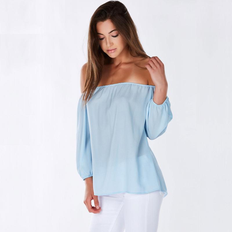

Women' T-Shirt Spring/Summer/Autumn 2021 One-line Neck Strapless Sexy Solid Color Top/lace Back Lapel Chiffon Shirt, Sky blue