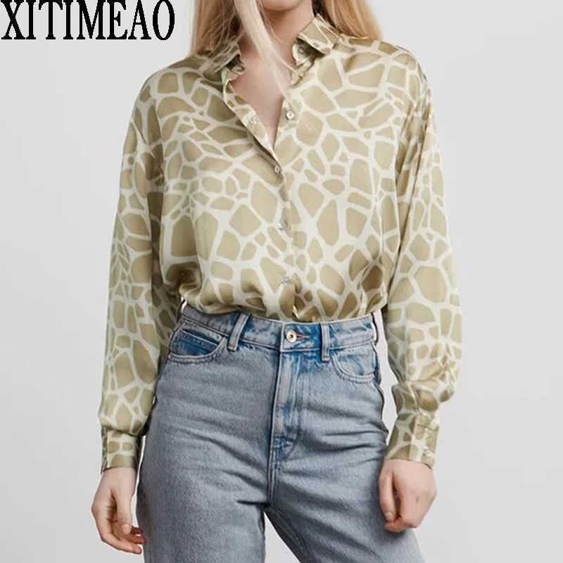 

ZA Spring Autumn Women Retro Leopard Printing Simple Style Loose Long Sleeve Shirt Casual Chic Tops XITIMEAO 210602, Khaki