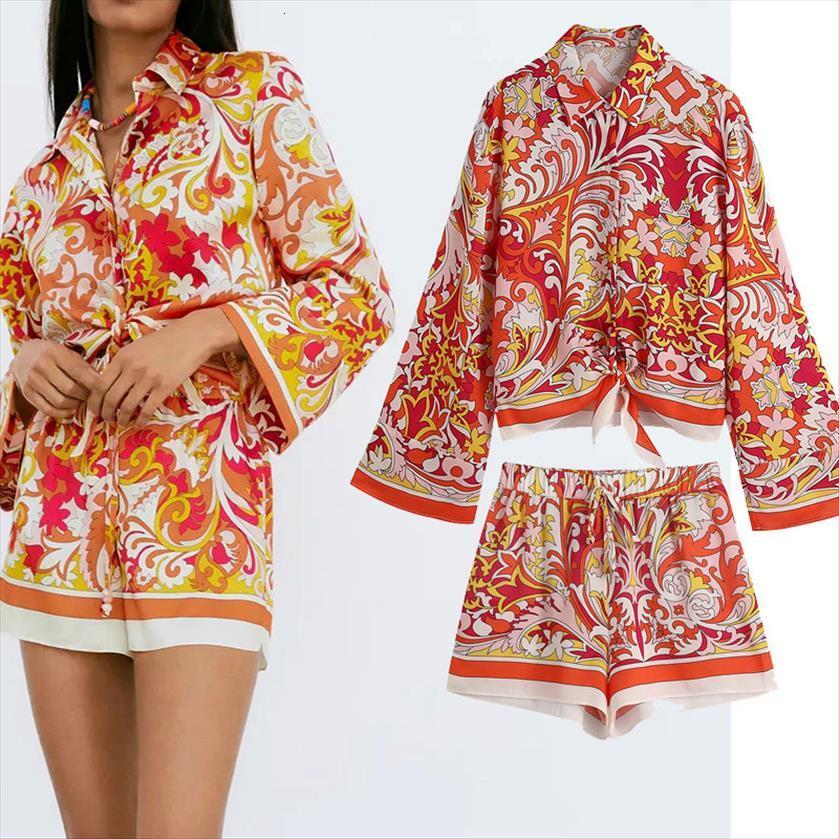 

za 2 piece set bow womens tracksuits tie long sleeve single breasted blouse shirts strech waist casual shorts, Gray