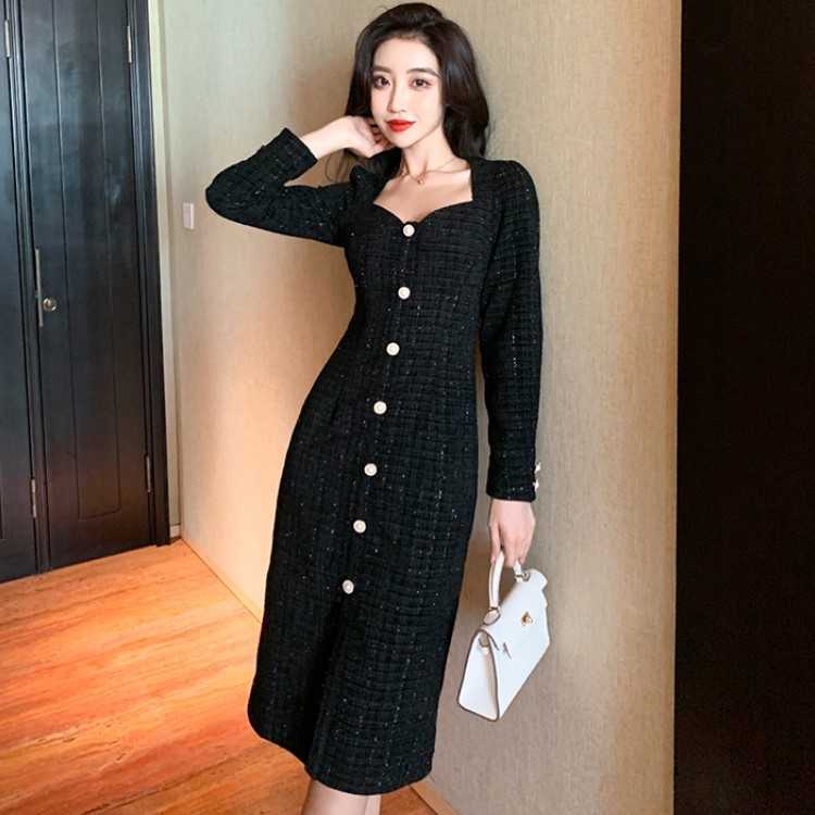 

Spring Women Office OL Long Sleeve Vintage Plaid Female Elegant Woolen Ladies Single-breasted Midi Dresses Vestidos 210526, Black
