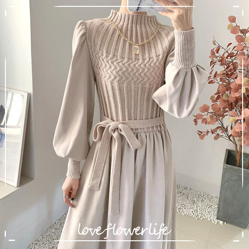 

Elegant knitted Patchwork Sweater Dress Women Half Turtleneck Autumn Vintage A-line Corduroy Dresses Vestidos With Belt 210521, Apricot