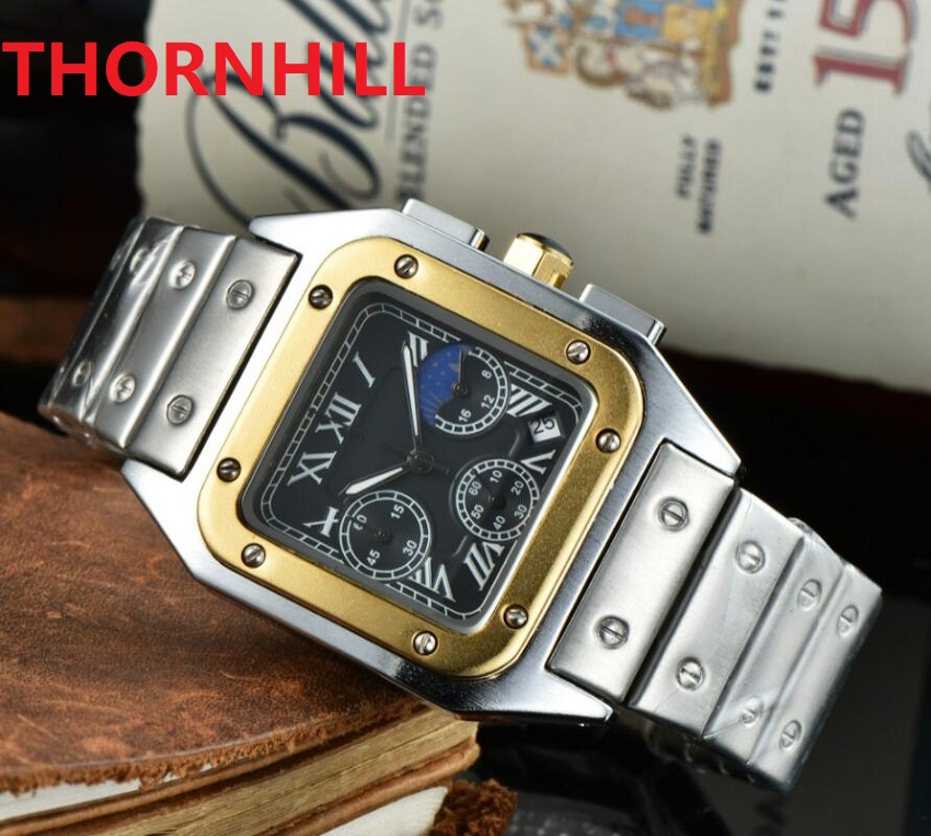 

Full Stainless Steel Watches 44mm Men Calendar Quartz Military Analog Square Roman Dial Table Clock Wristwatch Bracelet All Sub Dials Working, As pic
